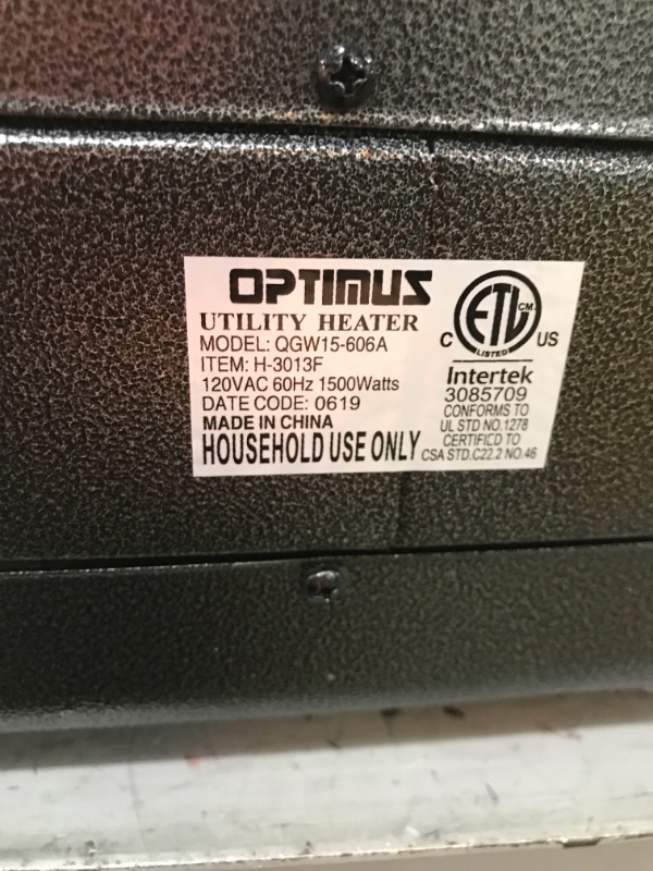 Photo 3 of *READ BELOW** Optimus H-3013 3-Speed 1,300-Watt/1,500-Watt Portable Utility Heater with Thermostat - IN THE COLOR BLACK
