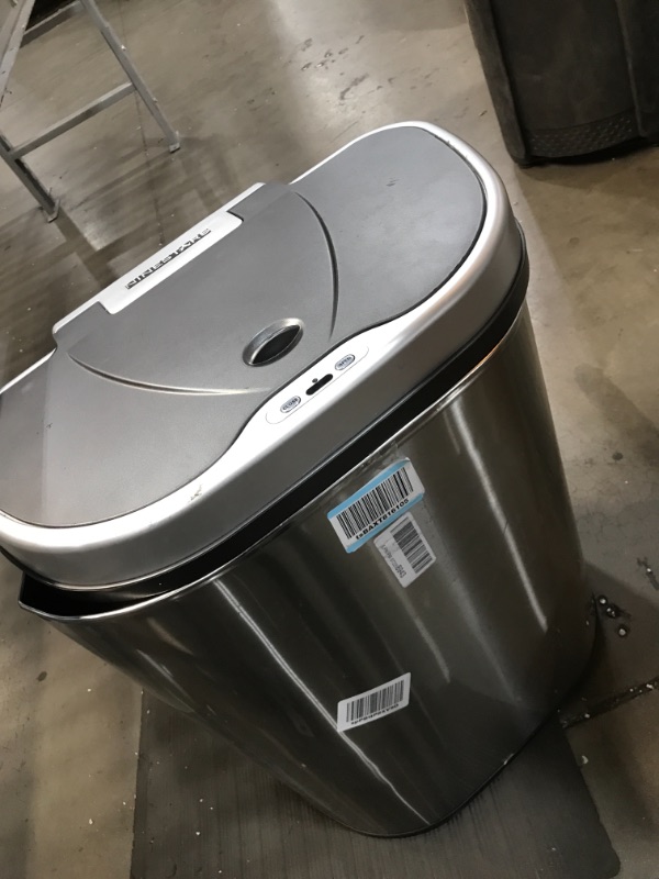 Photo 2 of *READ BELOW** NINESTARS Automatic Touchless Infrared Motion Sensor Trash Can/Recycler with D Shape Silver/Black Lid & Stainless Base, 18 Gal, Stainless Steel
