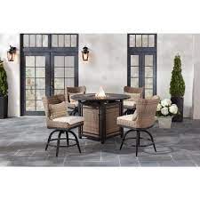 Photo 1 of (NOT COMPLETE) Hazelhurst 5-Piece Brown Wicker Outdoor Patio High Dining Fire Pit Seating Set with CushionGuard Almond Tan Cushions ( Box 1 Of A Set)
