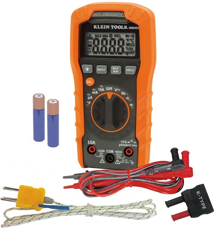 Photo 1 of Klein Tools MM400 Multimeter, Digital Auto Ranging, AC/DC Voltage, Current, Capacitance, Frequency, Duty-Cycle, Diode, Continuity, Temp 600V
