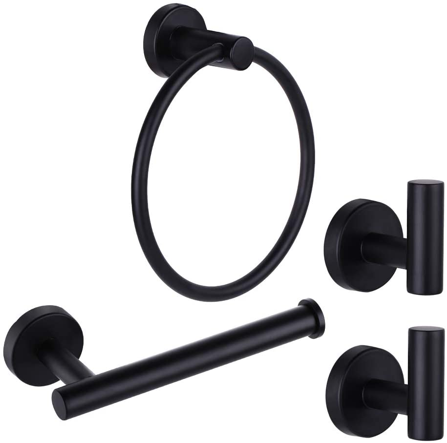 Photo 1 of  4 Piece Matte Black Stainless Steel Bathroom Hardware Set Include Hand Towel Ring, Toilet Paper Holder,and 2 Robe Towel Hooks,Bathroom Accessories Kit
