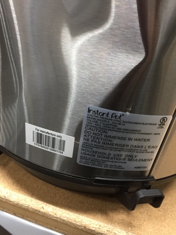 Photo 1 of Instant Pot Duo 7-in-1 Electric Pressure Cooker, Slow Cooker, Rice Cooker, Steamer, Sauté, Yogurt Maker, Warmer & Sterilizer, 8 Quart, Stainless Steel/Black
