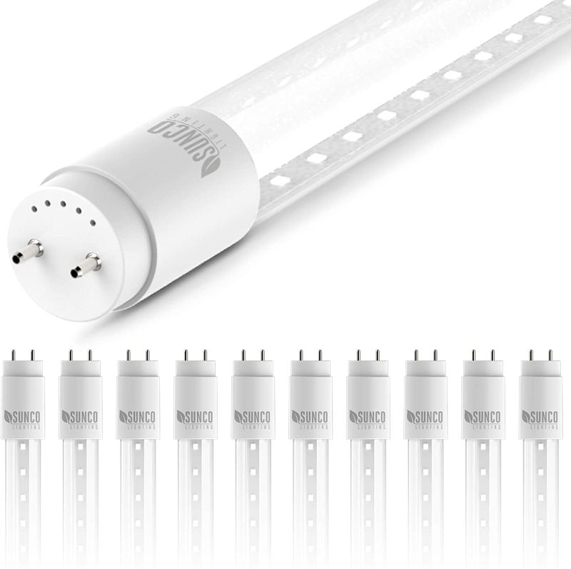 Photo 1 of Sunco Lighting 10 Pack T8 LED 4FT Tube Light Bulbs Ballast Bypass Fluorescent Replacement, 6000K Daylight Deluxe, 18W, Clear Cover, Retrofit, Single Ended Power