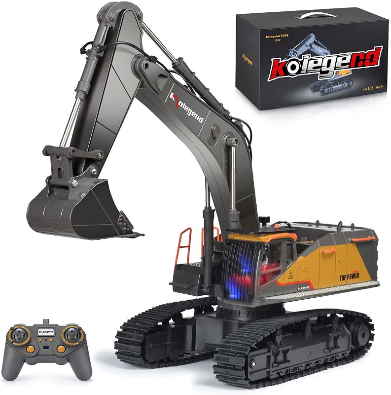 Photo 1 of kolegend Remote Control Excavator Toy 1/14 Scale RC Excavator, 22 Channel Upgrade Full Functional Construction Vehicles Rechargeable RC Truck with Metal Shovel and Lights Sounds
