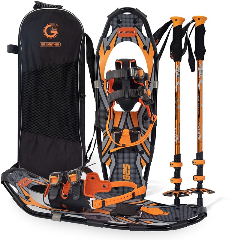 Photo 1 of 30 Inches Light Weight Snowshoes for Women Men Youth, Set with Trekking Poles, Carrying Bag, Snow Baskets, Special EVA Padded Ratchet Binding, Heel Lift, Toe Box, Flexible Pivot Bar, Durable Back Strap, Orange