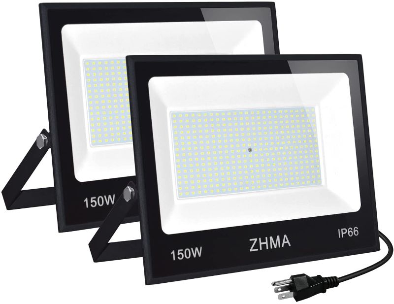 Photo 1 of ZHMA 2 Pack 150W Led Flood Lights Outdoor, 12000LM Super Bright Plug in Work Light, IP66 Waterproof LED Work Lights, 6500K Daylight White, Outdoor FloodLights for Backyard,Playground,Basketball Court