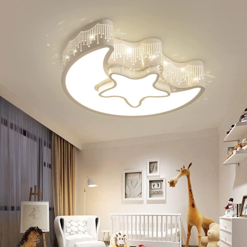 Photo 1 of Close to Ceiling Light fixtures Modern Girl’s Bedroom Ceiling Light Metal Chandeliers Moon Star Shape Lighting for Bedroom Kids Room with Natural Light,White,4000K