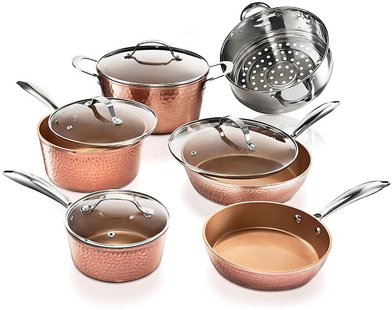 Photo 1 of 
Gotham Steel Pots and Pans Set – Premium Ceramic Cookware with Triple Coated Ultra Nonstick Surface for Even Heating, Oven, Stovetop & Dishwasher Safe, 10 Piece, Hammered Copper
