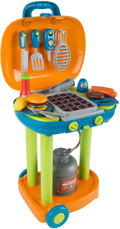 Photo 1 of BBQ Grill Toy Set - Interactive Play Kitchen Set with Lights and Sounds, Wheels, Toy Food, and Cooking Accessories by Hey! Play!, Multicolor, (80-PP-TK081711)
