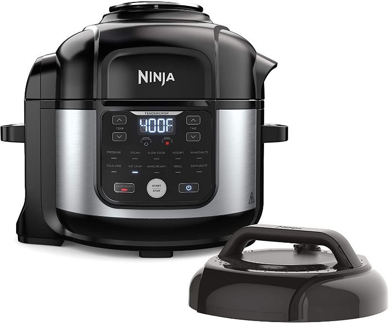 Photo 1 of TESTED TURNS ON
Ninja FD302 Foodi 11-in-1 Pro 6.5 qt. Pressure Cooker & Air Fryer that Steams, Slow Cooks, Sears, Sautés, Dehydrates & More, with 4.6 qt. Crisper Plate, Nesting Broil Rack & Recipe Book, Silver/Black
