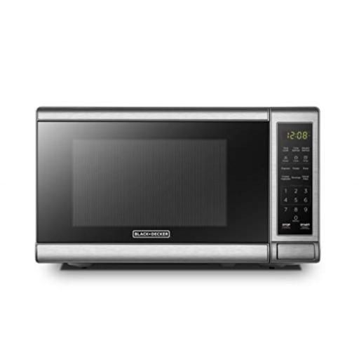 Photo 1 of Black+Decker EM720CB7 Digital Microwave Oven with Turntable Push-Button Door, Child Safety Lock, 700W, Stainless Steel, 0.7 Cu.ft
