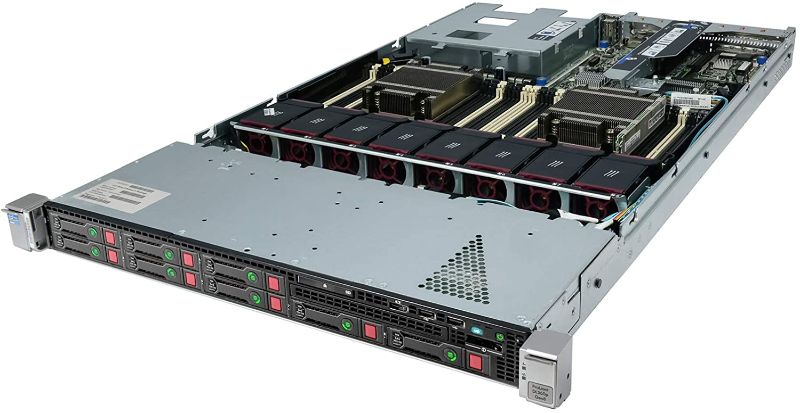 Photo 1 of (Renewed) HP ProLiant DL360p Gen8 1U RackMount 64-bit Server with 2×6-Core E5-2640 Xeon 2.5GHz CPUs + 64GB PC3-10600R RAM + 8×300GB 10K SAS SFF HDD, P420i RAID, 4×GigaBit NIC, 2×Power Supplies, NO OS
