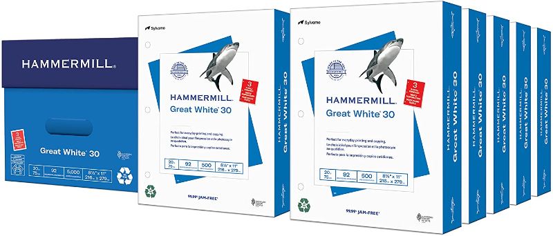 Photo 1 of Hammermill Printer Paper, Great White 30% Recycled Paper, 3 Hole - 10 Ream (5,000 Sheets) - 92 Bright, Made in the USA, 086702C
