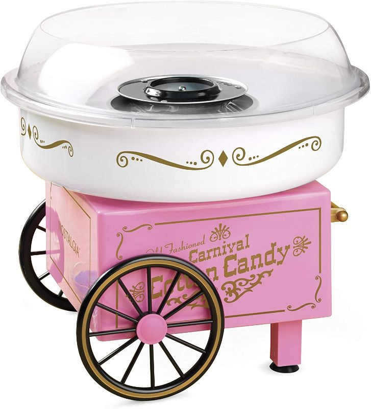 Photo 1 of Nostalgia PCM306PK Vintage Hard and Sugar Free Countertop Original Cotton Candy Maker, Includes 2 Reusable Cones, Scoop – Pink
