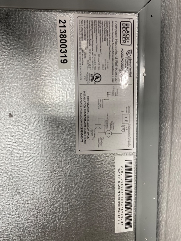 Photo 7 of PARTS ONLY**It’s not cooling the compressor has a hole**
BLACK+DECKER BCRK25V Compact Refrigerator Energy Star Single Door Mini Fridge with Freezer, 2.5 Cubic Feet, VCM, Brushed Metal Finish
