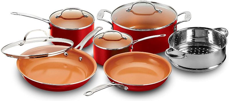 Photo 1 of **POTS AND PANS HAVE SIGNS OF USE**ONE LID MISSING**
Gotham Steel 10-Piece Kitchen Set with Non-Stick Ti-Cerama Coating by Chef Daniel Green - Includes Skillets, Fry Pans, Stock Pots and Steamer Insert – Red
