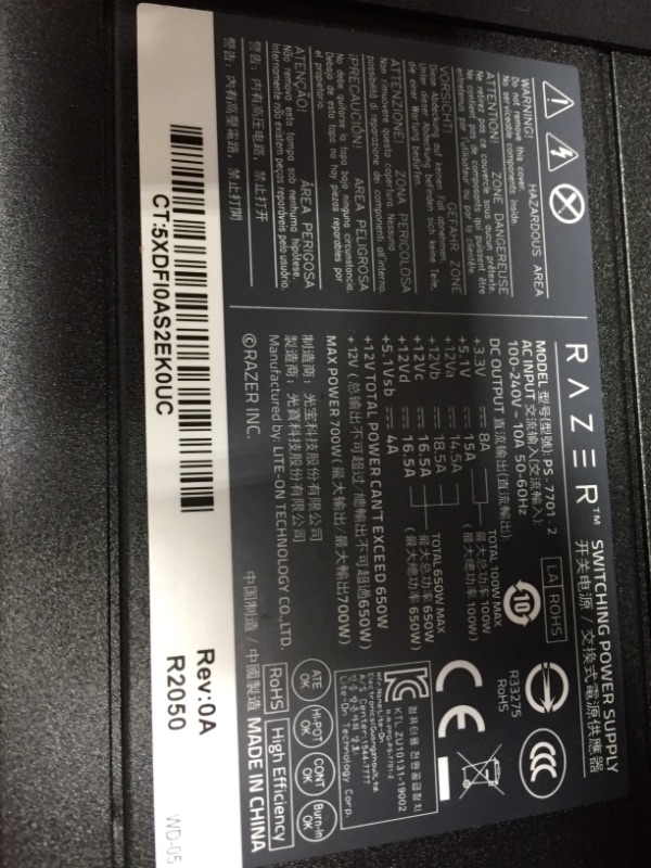 Photo 6 of **DOES NOT POWER ON WHEN PLUGGED INTO POWER OUTLET**
Razer Core X Chroma Aluminum External GPU Enclosure (eGPU): Compatible with Windows & MacOS Thunderbolt 3 Laptops, NVIDIA /AMD PCIe Support, 700W PSU, 4x USB 3.1, 1x Gbit Ethernet, Chroma RGB, Black
