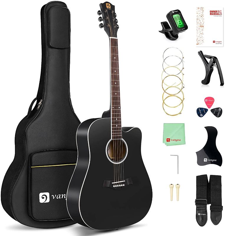 Photo 1 of **PARTS ONLY**GUITAR IS BROKEN NEAR TUNING PEGS
Vangoa Black Acoustic Guitar for Beginner Adult Teen Full Size Cutaway Acoustic Guitar Starter Kit 41 Inch Acustica Guitarra Starter Set
