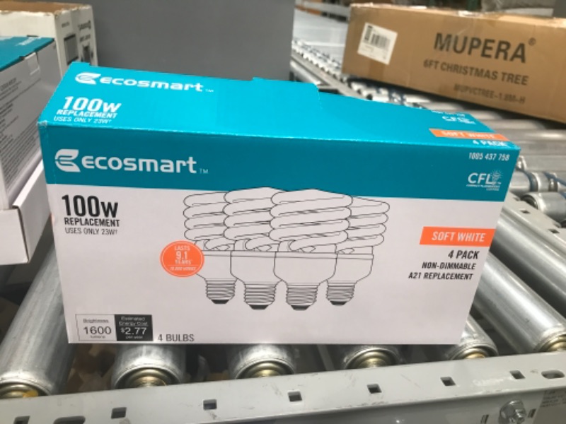 Photo 2 of **4 BOXES**
EcoSmart 100-Watt Equivalent T2 Spiral Non-Dimmable E26 Base Compact Fluorescent CFL Light Bulb, Soft White 2700K (4-Pack)
