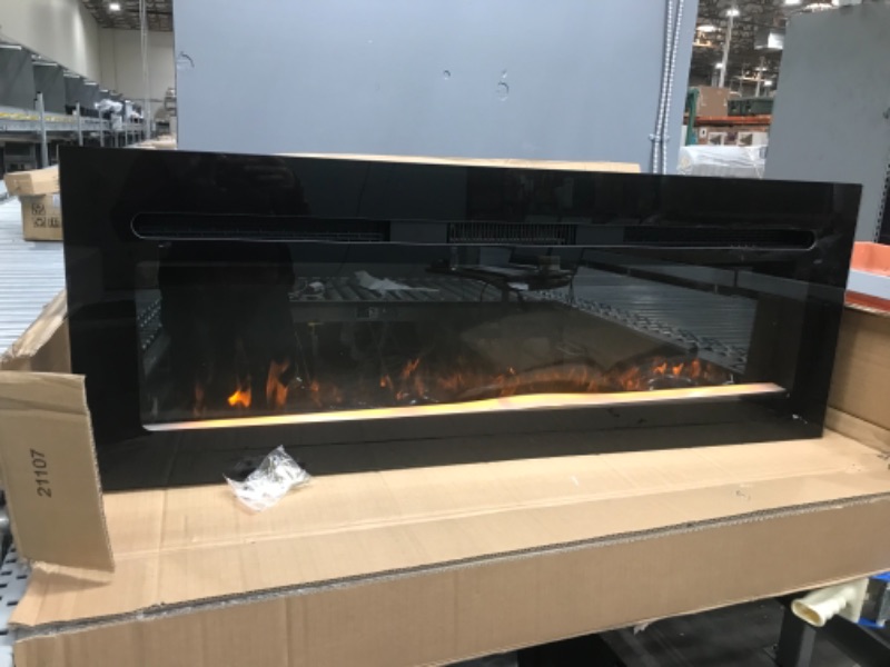 Photo 1 of **GLASS IS NOT ATTACHED** TO FIREPLACE**
BizHomart 48 Electric Fireplace, Recessed & Wall Mounted Electrical Fireplace with Bracket, Ultra Thin, Low Noise, Remote Control, Timer, Logset & Crystal, Adjustable Flame Color, 1500W, Black

