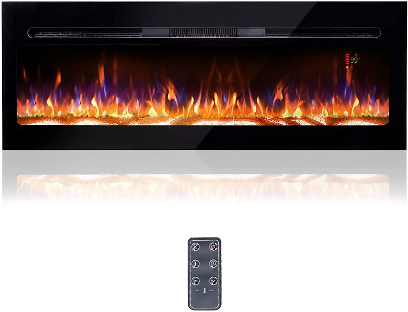 Photo 1 of **GLASS IS NOT ATTACHED** TO FIREPLACE**
BizHomart 48 Electric Fireplace, Recessed & Wall Mounted Electrical Fireplace with Bracket, Ultra Thin, Low Noise, Remote Control, Timer, Logset & Crystal, Adjustable Flame Color, 1500W, Black
