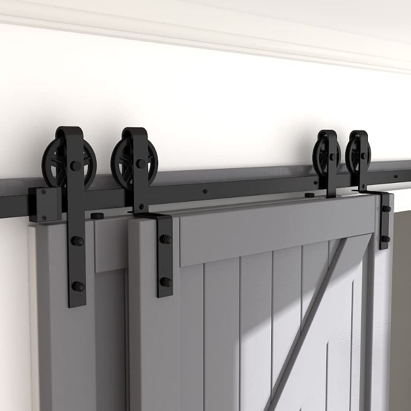 Photo 1 of skysen 9FT Heavy Duty Sliding Barn Door Hardware Single Track Bypass Double Door Kit Black(Bypass Spoke Wheel-1)
