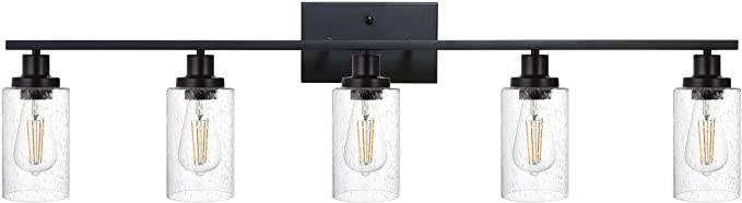 Photo 1 of Black Bathroom Lighting Fixtures, 5-Light Modern Industrial Wall Sconce Vanity Light Fixture with Seeded Glass for Bedroom Over Mirror
