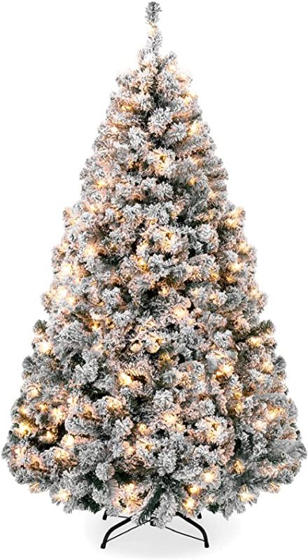 Photo 1 of Best Choice Products 6ft Pre-Lit Snow Flocked Artificial Holiday Christmas Pine Tree for Home, Office, Party Decoration w/ 250 Warm White Lights, Metal Hinges & Base
