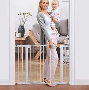 Photo 1 of Cumbor 40.6” Auto Close Safety Baby Gate, Durable Extra Wide Child Gate for Stairs,Doorways, Easy Walk Thru Dog Gate for House. Includes 4 Wall Cups, 2.75-Inch and 5.5-Inch Extension, White
