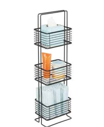 Photo 1 of mDesign 3 Tier Vertical Standing Bathroom Shelving Unit, Decorative Metal Storage Organizer Tower Rack with 3 Basket Bins to Hold and Organize Tissues, Hand Soap, Toiletries - Matte Black
