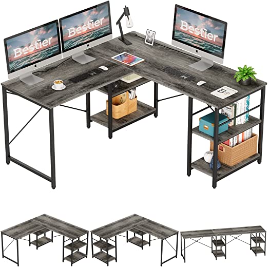 Photo 1 of L Shaped Desk with Shelves 95.2 Inch Reversible Corner Computer Desk or 2 Person Long Table for Home Office Large Gaming Writing Storage Workstation