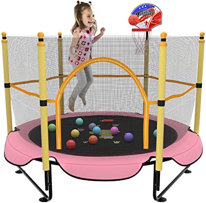 Photo 1 of Kawuneeche 5FT Trampoline for Kids Toddler Indoor Trampoline with Safety Enclosure Net, Mini Basketball Hoop, Jumping Mat for Home Entertainment Equipment Outdoor Backyard Games
