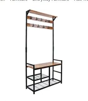 Photo 1 of HOMEKOKO Coat Rack Shoe Bench, Hall Tree Entryway Storage Bench, Wood Look Accent Furniture with Metal Frame, 3-in-1 Design
