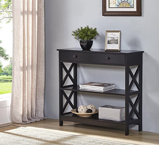 Photo 1 of Black Finish 3-Tier Console Sofa Entry Table with Shelf/Two Drawers
