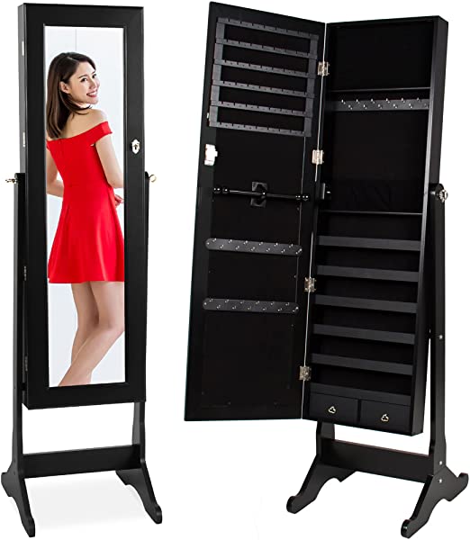 Photo 1 of Best Choice Products Standing Mirror Armoire, Lockable Jewelry Storage Organizer Cabinet w/ Velvet Interior, 3 Angle Adjustments - Black
