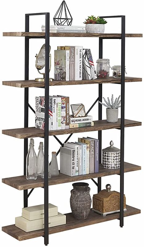 Photo 1 of SUPERJARE 5-Shelf Industrial Bookshelf, Open Etagere Bookcase with Metal Frame, Rustic Book Shelf, Storage Display Shelves, Wood Grain - Distressed Brown
