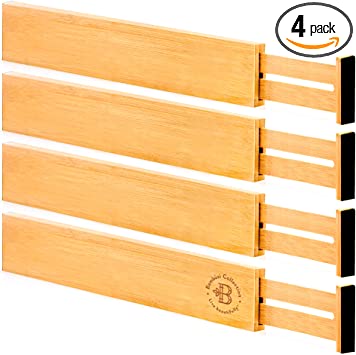 Photo 1 of Adjustable Bamboo Drawer Dividers Organizers - Large Design Fits Drawers Sized 17.5" Upto 22"- Expandable Kitchen Drawer Organizer Separators for Utensils, Dresser, Clothes, Bedroom, Bathroom 4-Pack
