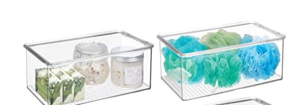 Photo 1 of mDesign Bathroom Plastic Stackable Storage Box Container, Hinged Lid - Cabinet, Vanity Organizer for Toiletries, Makeup, First Aid, Hair Accessories, Bar Soap, Loofahs, Bath Salts - 2 Pack - Clear
