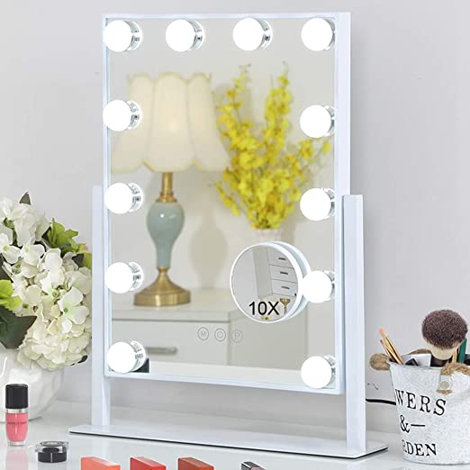 Photo 1 of FENCHILIN Lighted Makeup Mirror Hollywood Mirror Vanity Makeup Mirror with Light Smart Touch Control 3Colors Dimmable Light Detachable 10X Magnification 360°Rotation(White)
