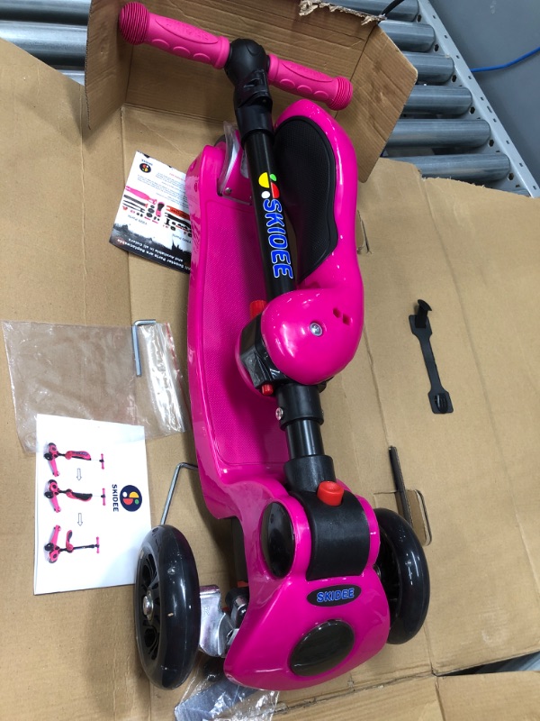 Photo 2 of SKIDEE Kick Scooters for Kids 2-12 Years Old - Foldable Scooter with Removable Seat and Basket, 3 LED Light Wheels, Back Wheel Brake, Wide Deck, and Adjustable Height - 110 Lbs Capacity (Y200 Bundle)
