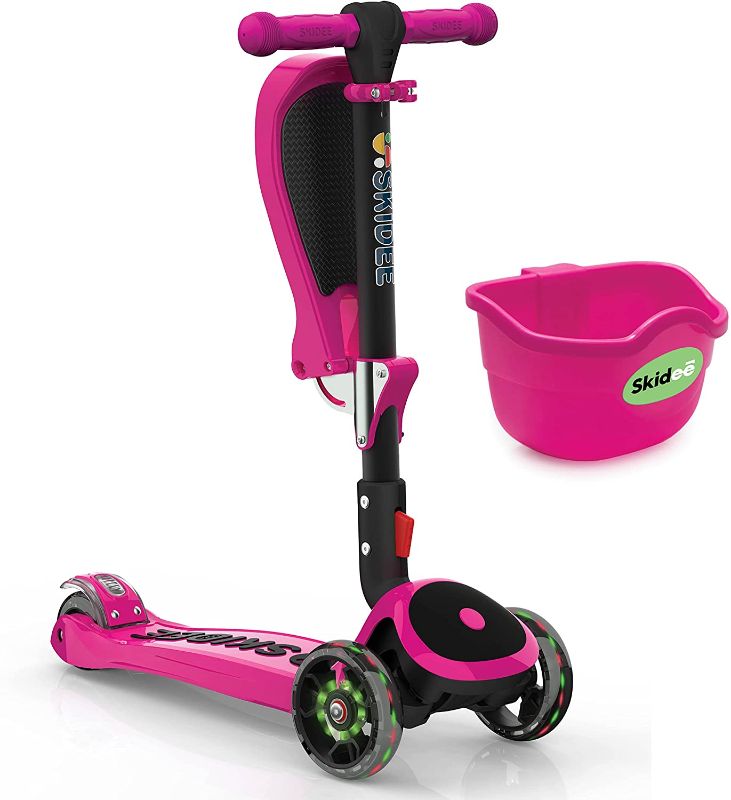 Photo 1 of SKIDEE Kick Scooters for Kids 2-12 Years Old - Foldable Scooter with Removable Seat and Basket, 3 LED Light Wheels, Back Wheel Brake, Wide Deck, and Adjustable Height - 110 Lbs Capacity (Y200 Bundle)
