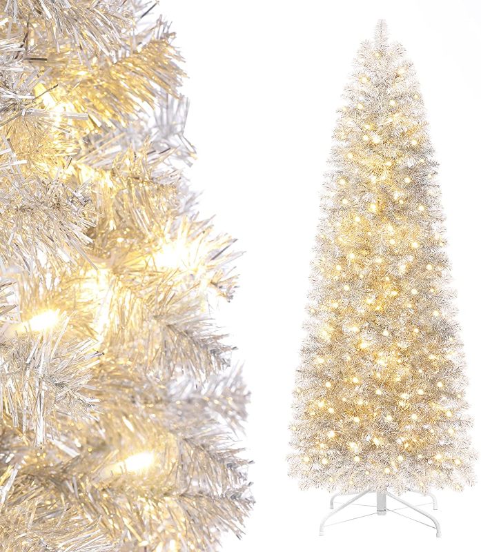 Photo 1 of *Tested and functioned*
 Pre-lit Pencil Christmas Tree 6ft Artificial Silver Tinsel Xmas Tree with Metal Stand