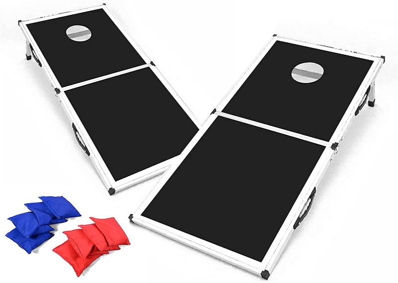 Photo 1 of Backyard Champs Corn Hole Outdoor Game: 2 Folding Cornhole Boards and 8 Bean Bags, Aluminum Frame with MDF Board
