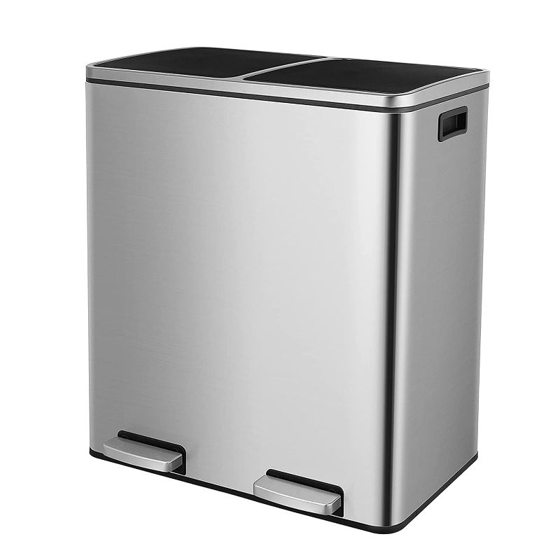 Photo 1 of Dual Trash Can 16 Gallon, 2 X 30L Large Kitchen Garbage Can Stainless Steel Step Recycle Bin Waste Bin for Home Office, Classified Recycle Compartments
