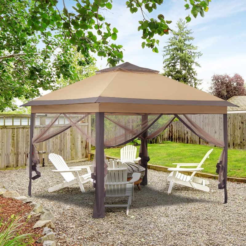 Photo 1 of 11x11ft Outdoor Pop up Gazebo Canopy with Netting Waterproof Patio Gazebo Shelter with Ground Nail and Rope(Khaki)
