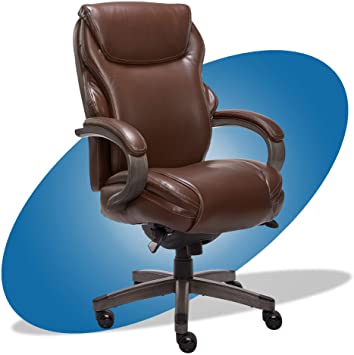 Photo 1 of **READ BELOW**La-Z-Boy Hyland Executive Office Chair with AIR Technology, Adjustable High Back Ergonomic Lumbar Support, Weathered Gray Wood Finish, Bonded Leather, Brown