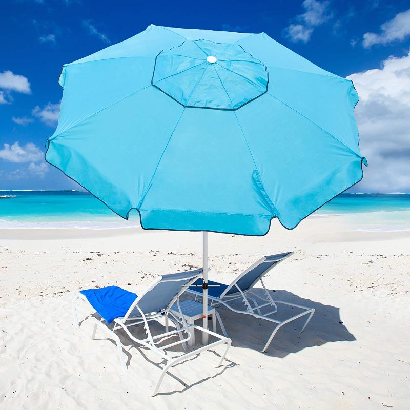 Photo 1 of Abba Patio 7ft Beach Umbrella with Sand Anchor, Push Button Tilt and Carry Bag, UV 50+ Protection Windproof Portable Patio Umbrella for Garden Beach Outdoor, Sky Blue