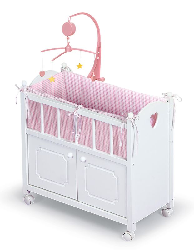 Photo 1 of ***HARDWARE LOOSE IN BOX*** Badger Basket Cabinet Doll Crib with Gingham Bedding and Free Personalization Kit - White/Pink - Fits American Girl, My Life as & Most 18" Dolls
