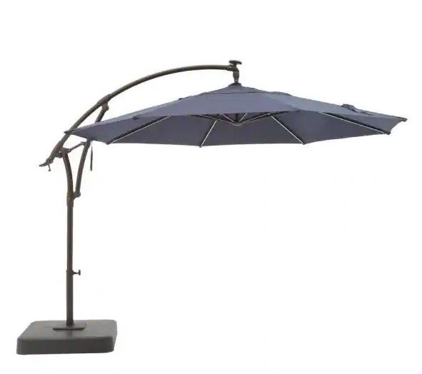 Photo 1 of 11 ft. Aluminum Cantilever Solar LED Offset Outdoor Patio Umbrella in Midnight Navy Blue
