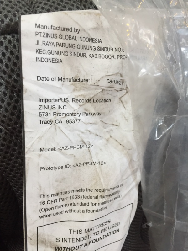 Photo 1 of (VERY DIRTY) 
ZINUS 12 Inch Support Plus Pocket Spring Hybrid Mattress / Extra Firm Feel / Heavier Coils for Durable Support / Pocket Innersprings for Motion Isolation / Mattress-in-a-Box, Queen
